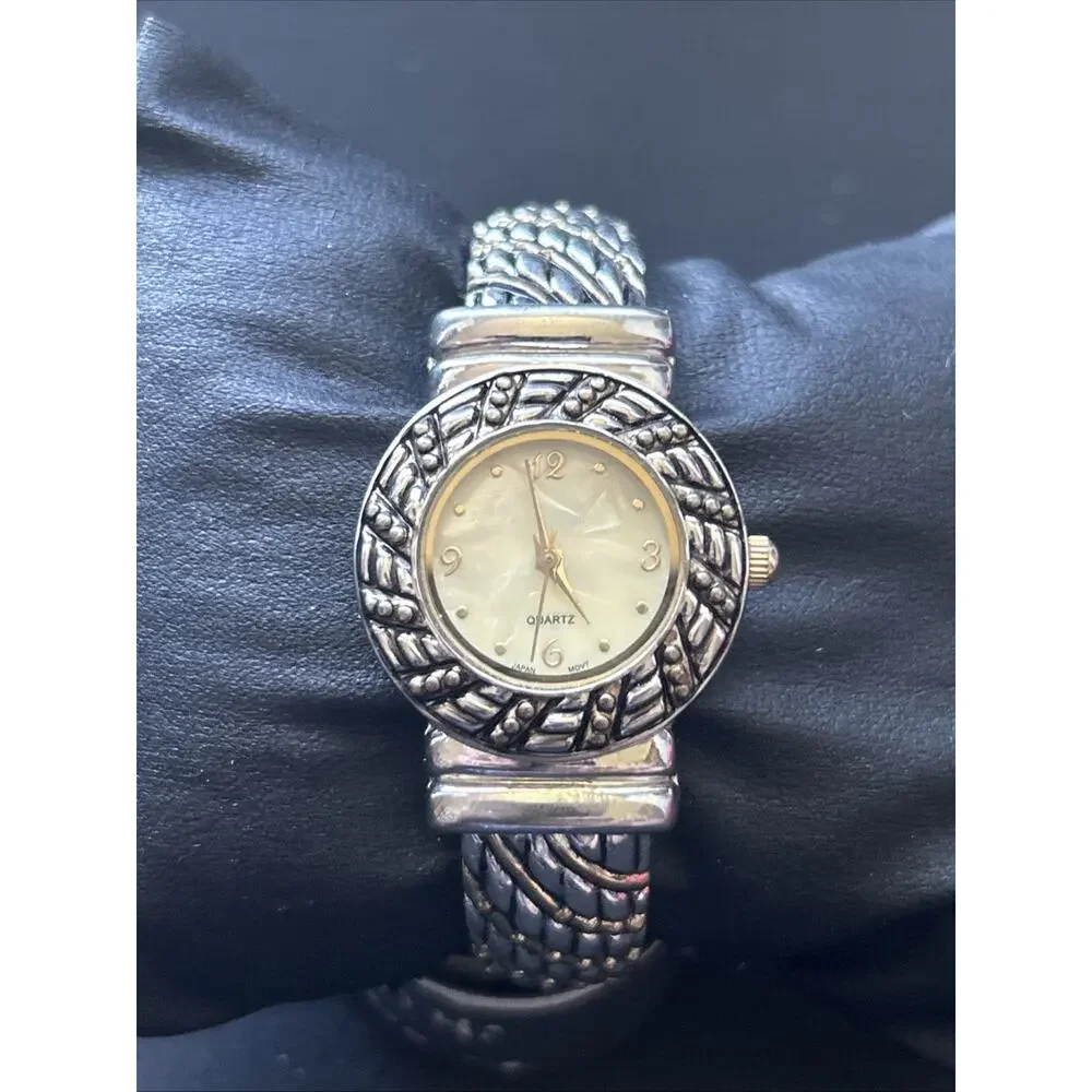 Two Tone Pearl Dial Women’s Cuff Watch